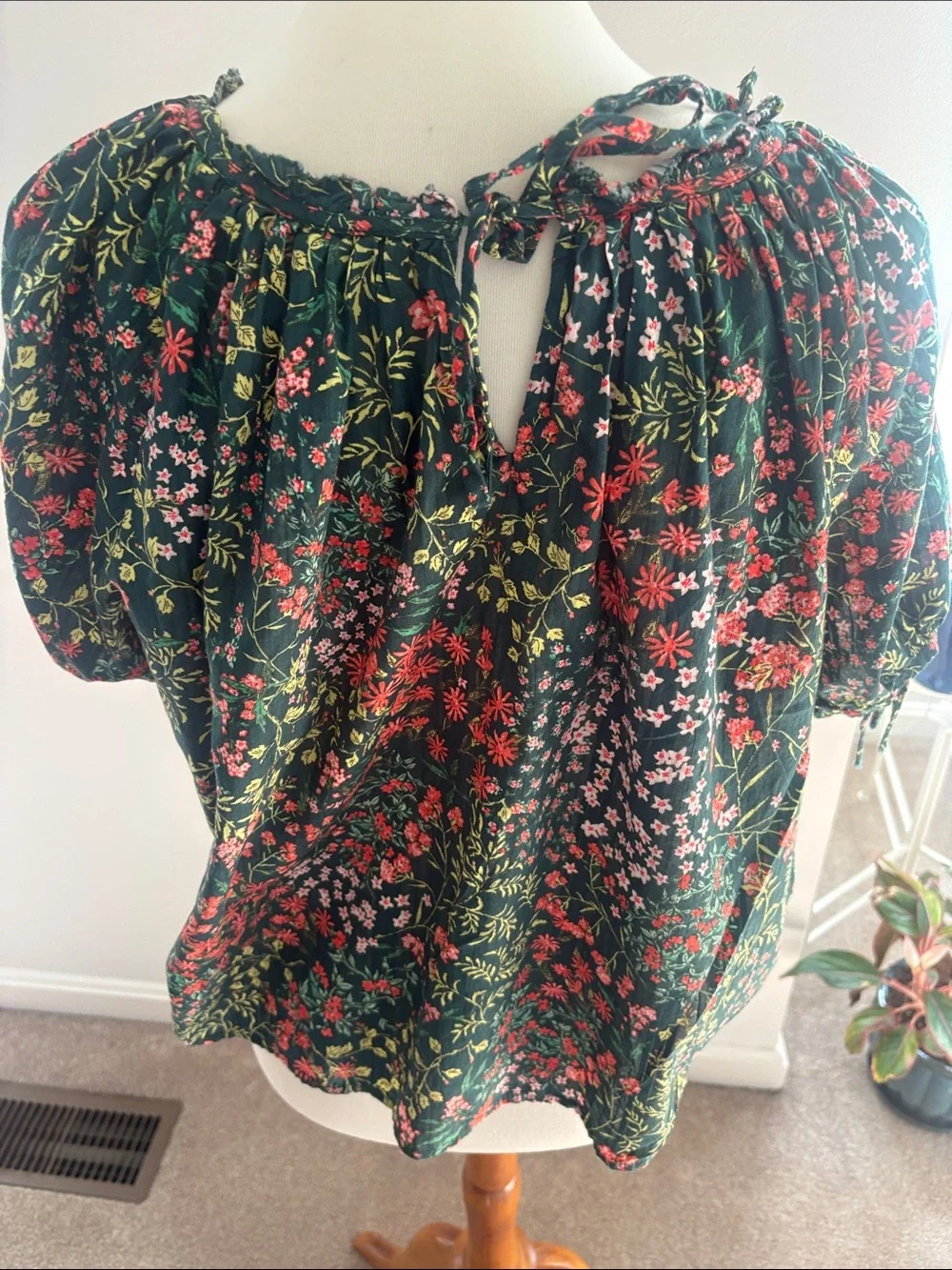 LOFT Forest Green Floral Peasant Blouse